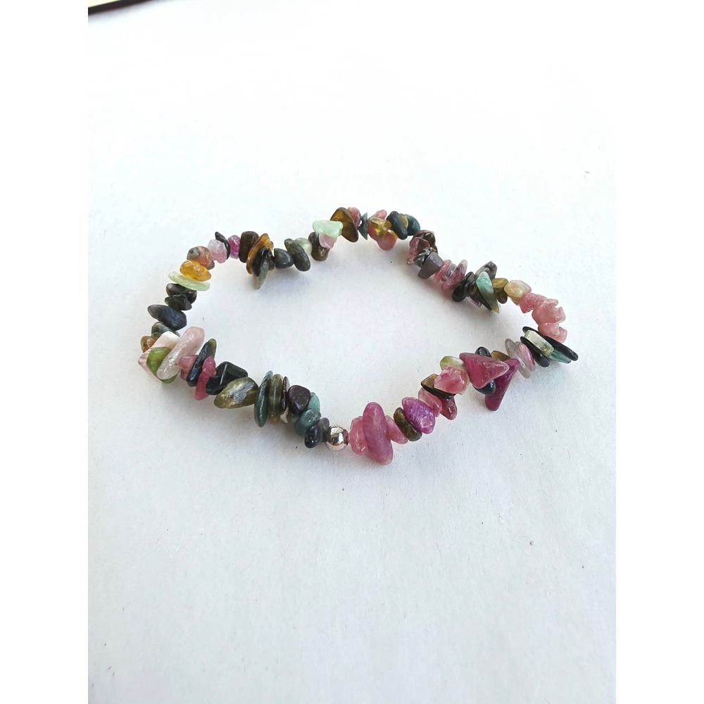 KJC Sterling Silver 925 Multicolor Tourmaline Chip Bead Stretch Bracelet 6.75in